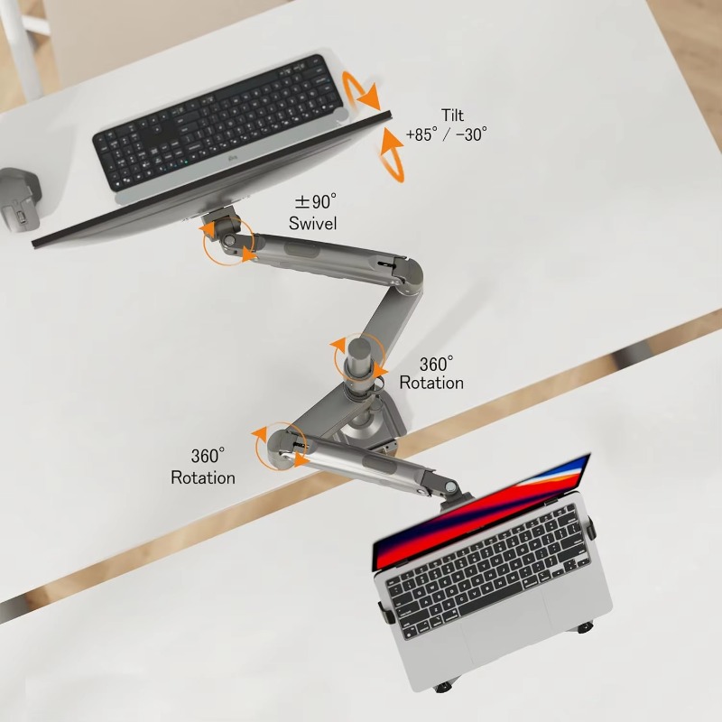 Monitor Arm Dual - デュアルアーム2in1コンボラップトップマウント、10～17インチノートブック用調整可能トレイ付き、17～27インチモニター用VESAプレート付き H180-FP