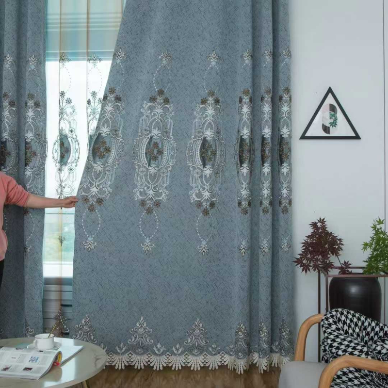Home Office Rate 2025 - 2025年ヨーロッパクラシックリビングルーム用刺繍ジャカードベース生地ブルーグレーガーゼカーテン高級寝室窓用カーテン