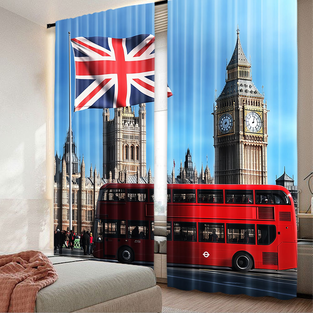 Home Office London - 2 個ビッグベンロンドンストリート背景カーテン英国旗イングランド議会館建物リビングルーム寝室用