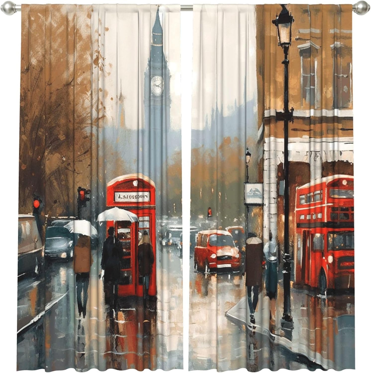 Home Office London - ヴィンテージロンドンストリートアートカーテン ポリエステル製窓用ドレープ ブリティッシュビッグベン二階建てバス絵画 ホームデコレーションカーテン