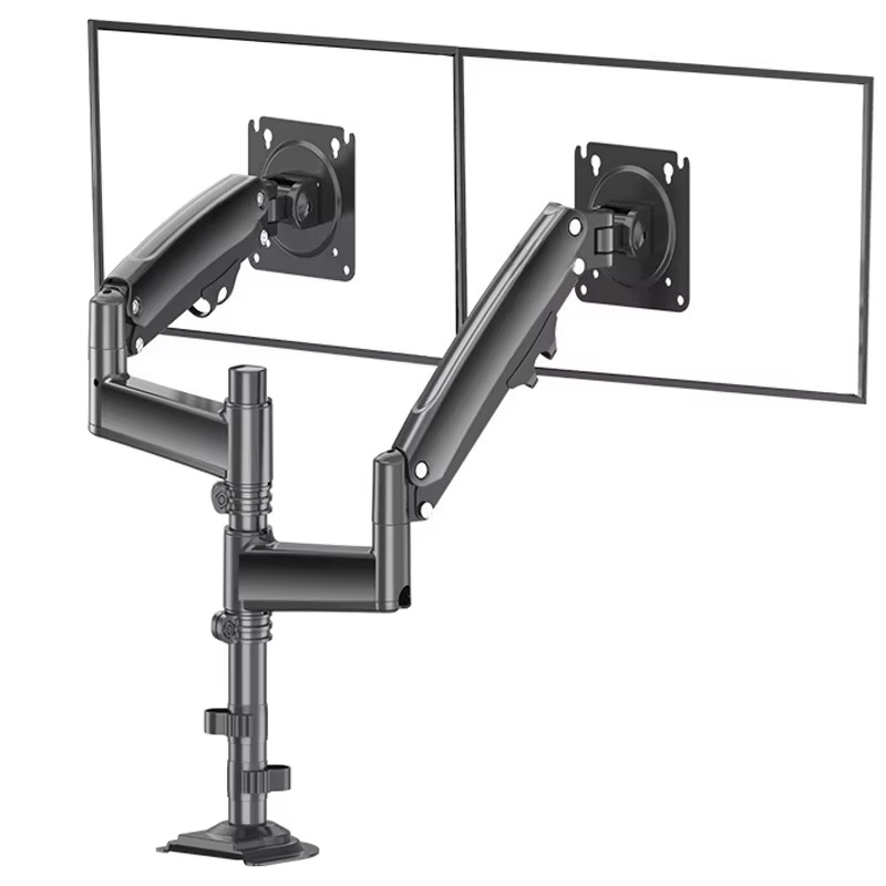 Monitor Arm Dual - アルミニウム合金製 ブラック デュアルカラム コンピューターモニターアーム 90度傾斜回転リフティングブラケット 17～27インチ